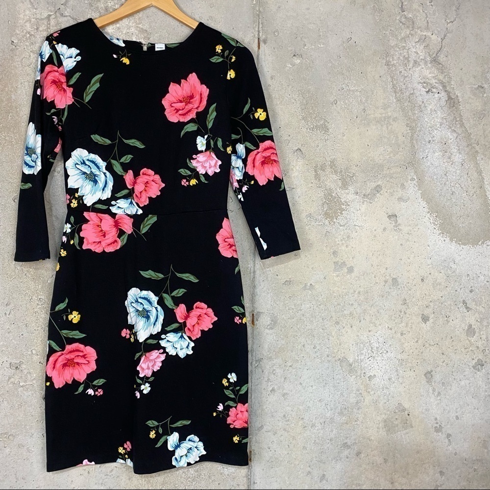 Old navy black pink blue floral fitted midi knee length shift dress 3/4 sleeves